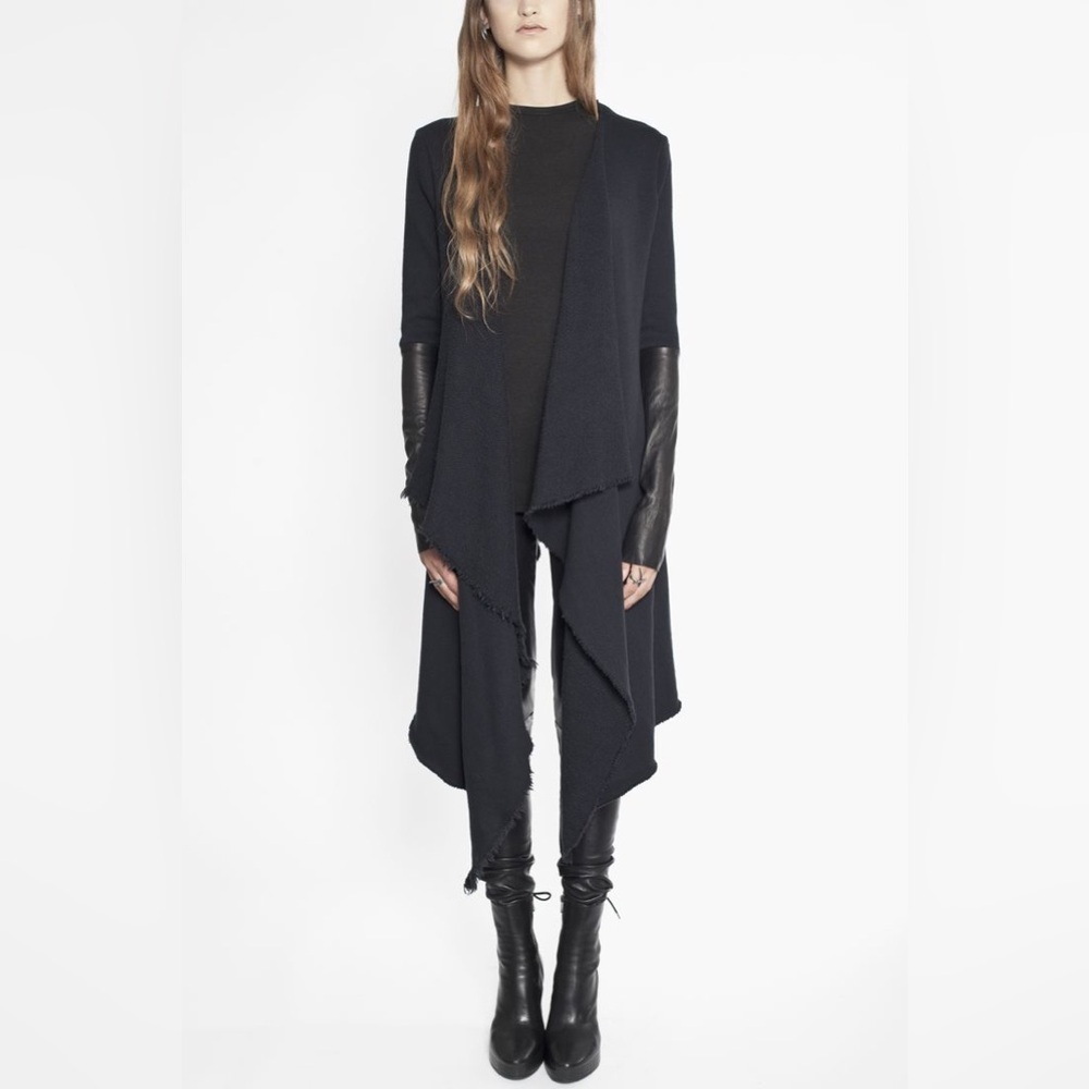 Ovate Raw Edge Asymmetric Sweater with Leather Sleeves - Small
